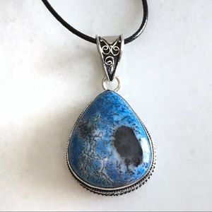 Blue Dendritic Opal Stone Pendant Necklace 19” - image 1